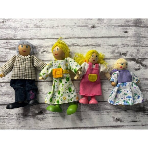 Wooden-Poseable Doll Family 4 Figures Set-Fabric Clothes-Dollhouse - Picture 1 of 8